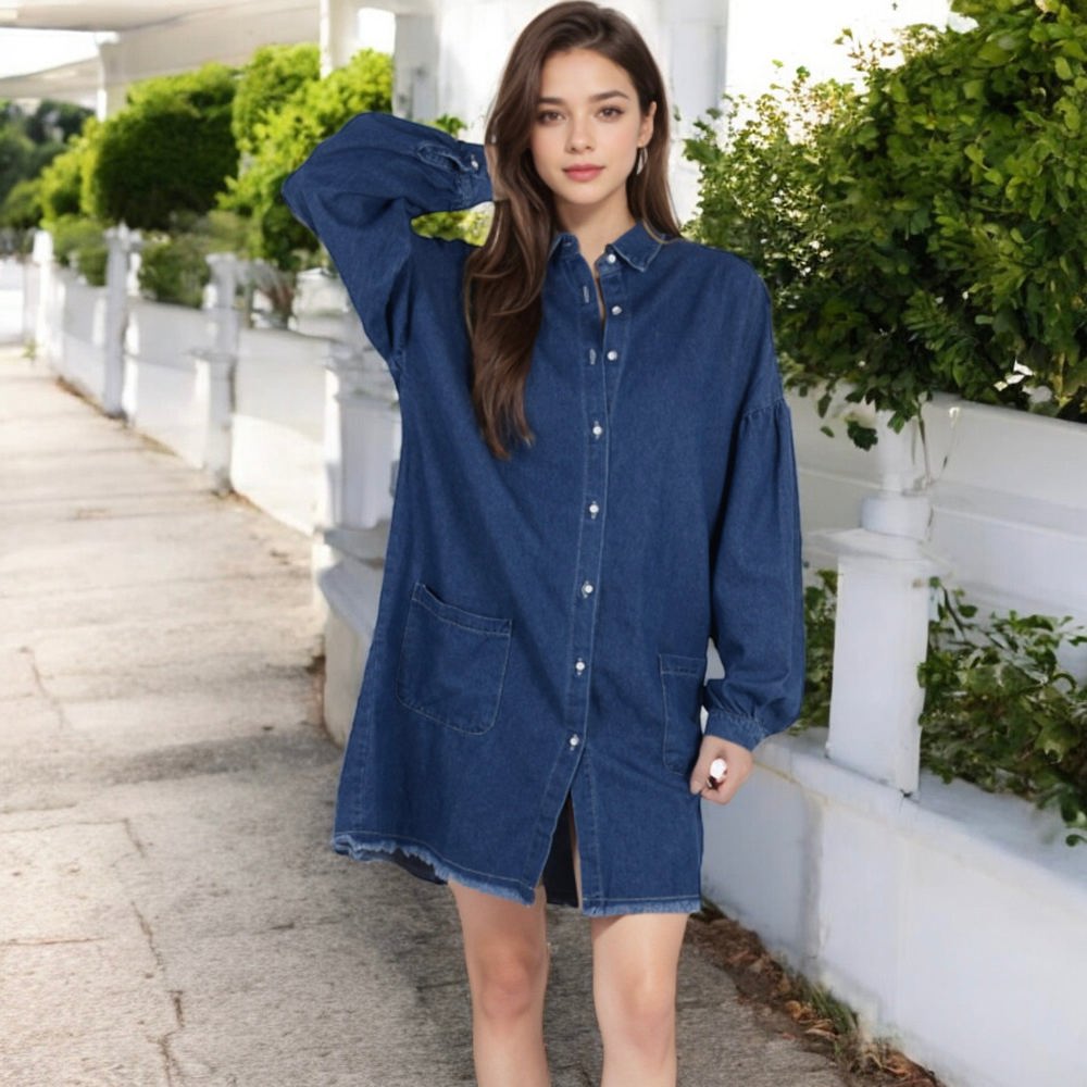 Long Sleeve Denim Shirt Dress with Front Button Closure and Patch Pockets