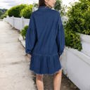 Blue Large Long Sleeve Denim Shirt Dress with Front Button Closure and Patch Pockets