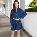 Blue Large Long Sleeve Denim Shirt Dress with Front Button Closure and Patch Pockets