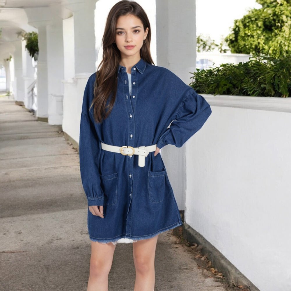 Long Sleeve Denim Shirt Dress with Front Button Closure and Patch Pockets