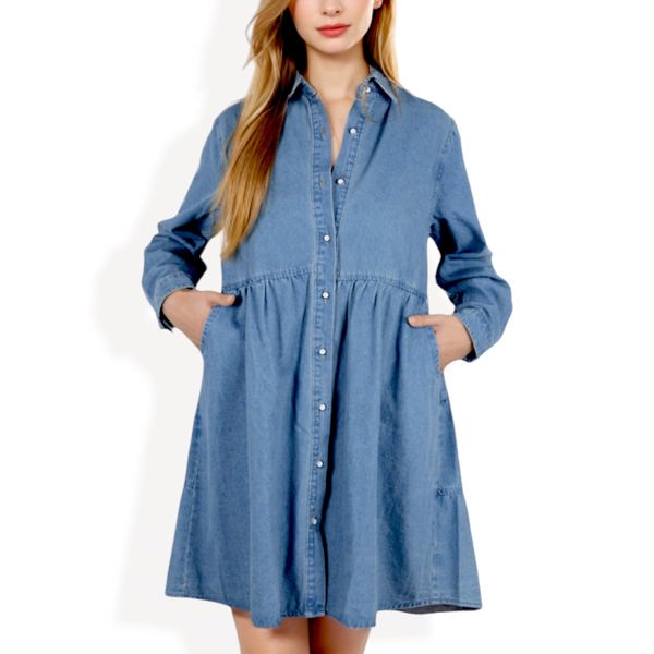 Long Sleeve Denim Shirt Dress with Front Button Closure and Gathered Waist