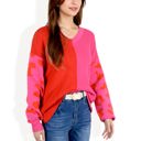 Pink Large Long Sleeve Color Block V-Neck Sweater with Leopard Print Sleeves