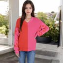 Pink Large Long Sleeve Color Block V-Neck Sweater with Leopard Print Sleeves