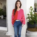 Pink Large Long Sleeve Color Block V-Neck Sweater with Leopard Print Sleeves