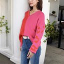 Pink Large Long Sleeve Color Block V-Neck Sweater with Leopard Print Sleeves