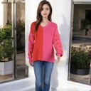 Pink Large Long Sleeve Color Block V-Neck Sweater with Leopard Print Sleeves