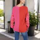 Pink Large Long Sleeve Color Block V-Neck Sweater with Leopard Print Sleeves