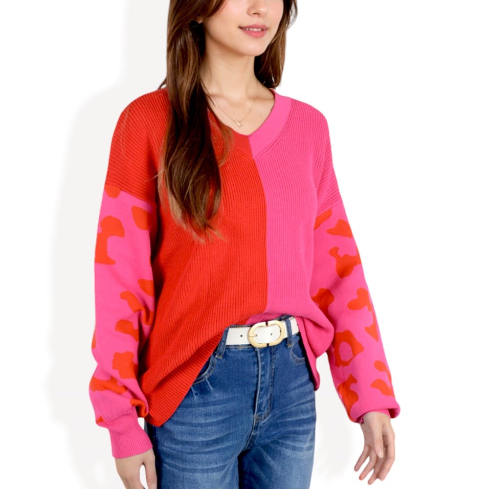 Long Sleeve Color Block V-Neck Sweater with Leopard Print Sleeves