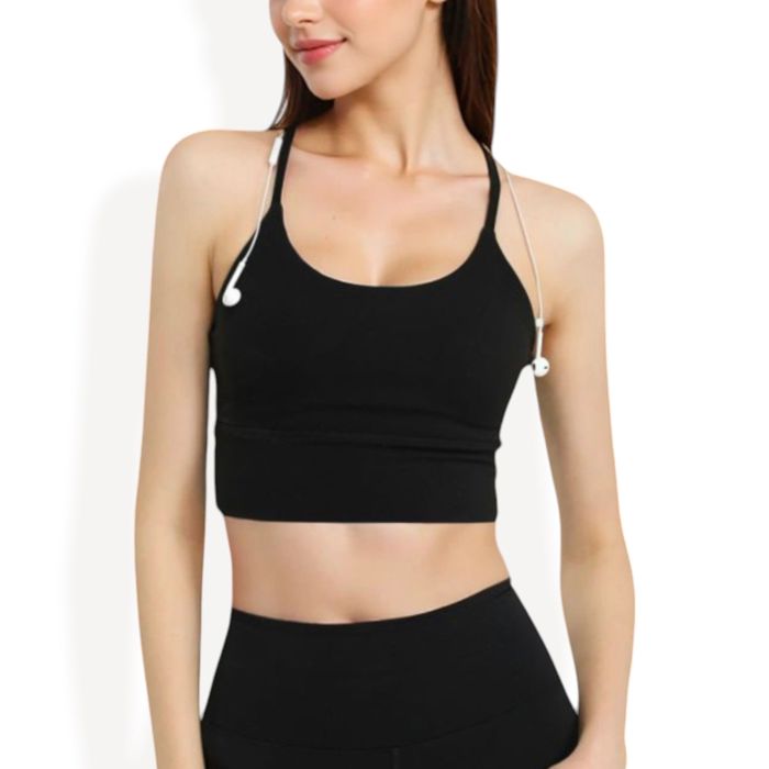 Strappy Back Longline Sports Bra with Scoop Neck and Wireless Design