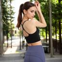 Black Large Strappy Back Longline Sports Bra with Scoop Neck and Wireless Design