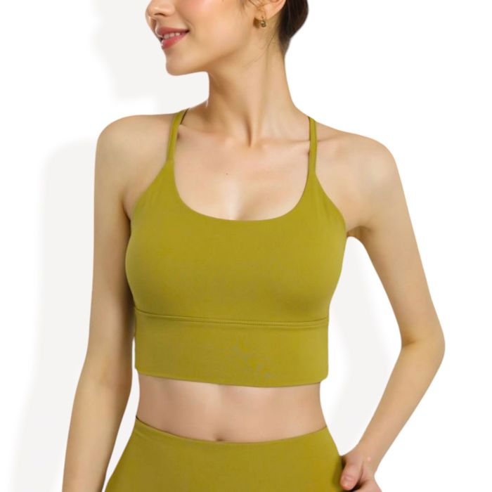 Strappy Back Longline Sports Bra with Scoop Neck and Wireless Design