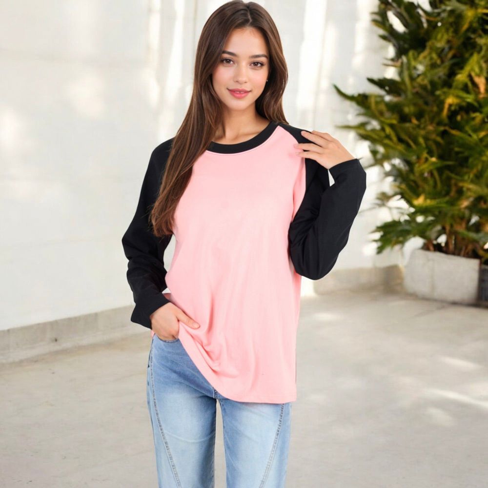 Color Block Raglan Long Sleeve Top Relaxed Fit with Contrast Sleeves