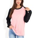 Pink Large Color Block Raglan Long Sleeve Top Relaxed Fit with Contrast Sleeves