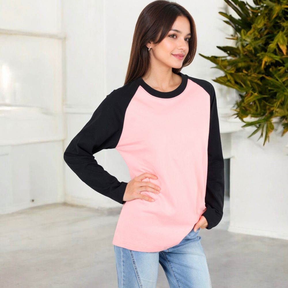 Color Block Raglan Long Sleeve Top Relaxed Fit with Contrast Sleeves