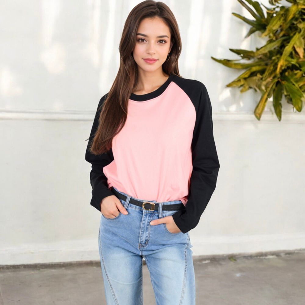 Color Block Raglan Long Sleeve Top Relaxed Fit with Contrast Sleeves