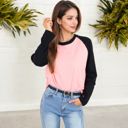 Pink XL Color Block Raglan Long Sleeve Top Relaxed Fit with Contrast Sleeves