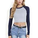 Blue Large Cropped Long Sleeve Raglan Top with Contrast Sleeves and Casual Fit