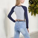 Blue Large Cropped Long Sleeve Raglan Top with Contrast Sleeves and Casual Fit