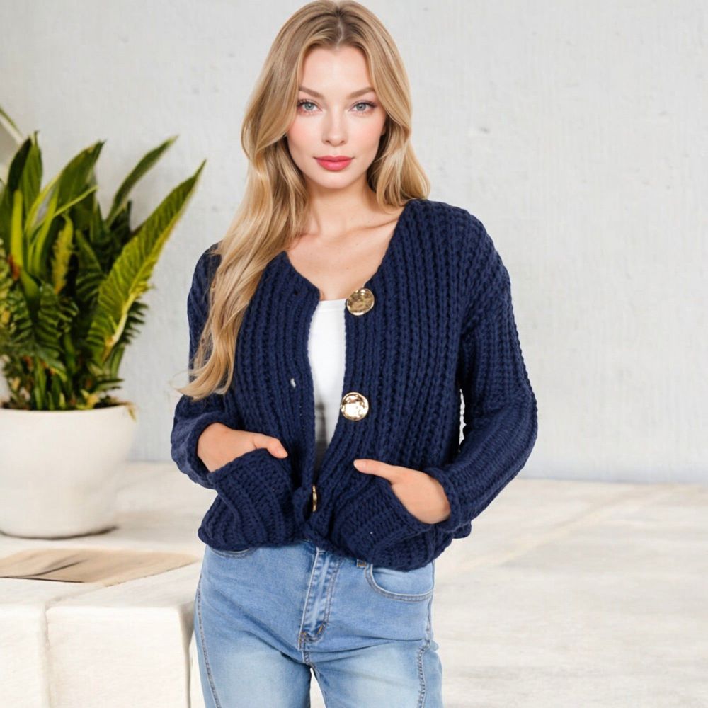 Chunky Knit Cardigan with Statement Button Front and Deep Pockets