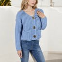 Blue Large Chunky Knit Cardigan with Statement Button Front and Deep Pockets