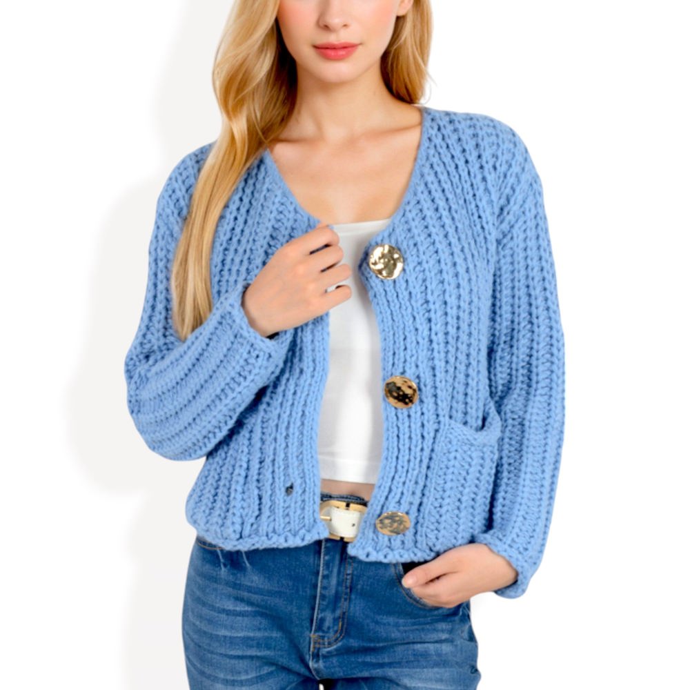 Chunky Knit Cardigan with Statement Button Front and Deep Pockets