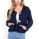 Blue Large Chunky Knit Cardigan with Statement Button Front and Deep Pockets