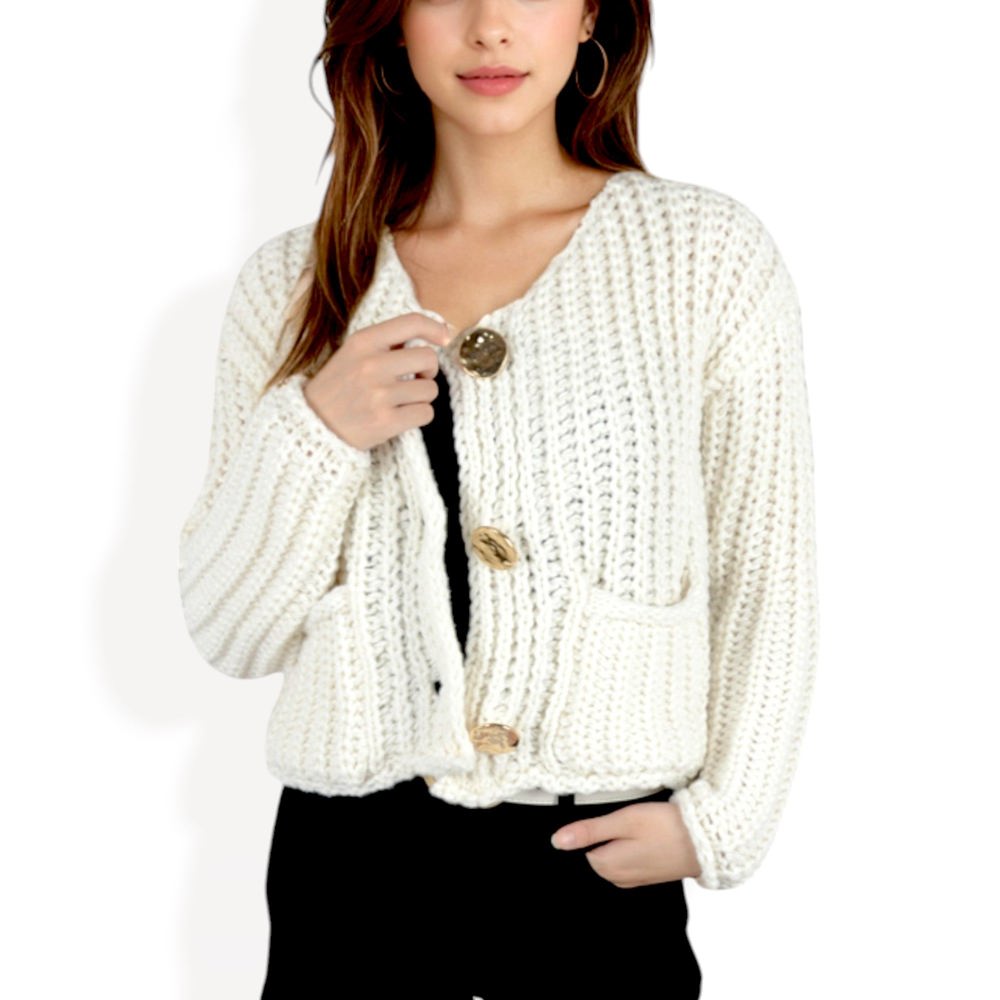 Chunky Knit Cardigan with Statement Button Front and Deep Pockets