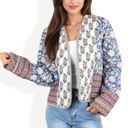  Mixed Print Open Front Jacket with Contrast Trim and Relaxed Fit