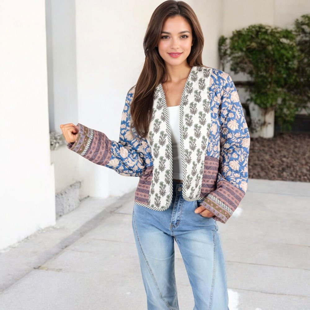 Mixed Print Open Front Jacket with Contrast Trim and Relaxed Fit