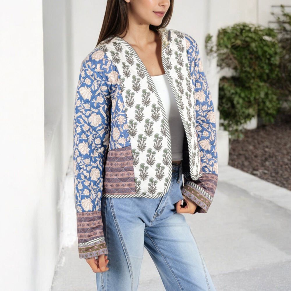 Mixed Print Open Front Jacket with Contrast Trim and Relaxed Fit