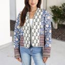  Mixed Print Open Front Jacket with Contrast Trim and Relaxed Fit