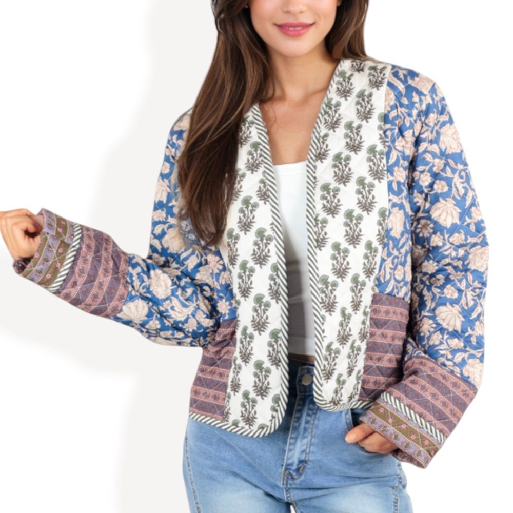 Mixed Print Open Front Jacket with Contrast Trim and Relaxed Fit