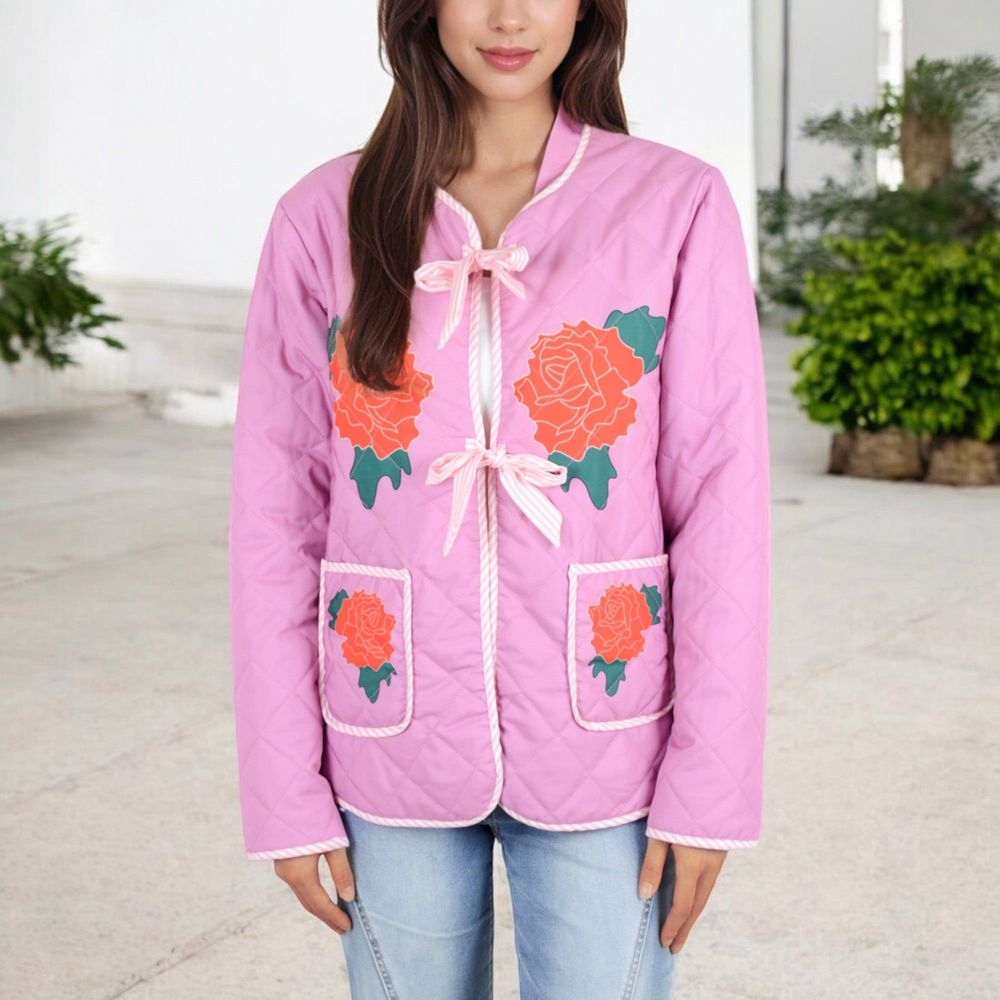 Quilted Floral Embroidered Jacket with Bow Tie Front and Patch Pockets