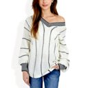  Long Sleeve Waffle Knit Striped Sweater with Off-Shoulder Detail