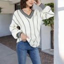 Beige Large Long Sleeve Waffle Knit Striped Sweater with Off-Shoulder Detail