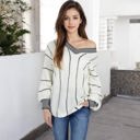 Beige Large Long Sleeve Waffle Knit Striped Sweater with Off-Shoulder Detail