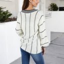 Beige Large Long Sleeve Waffle Knit Striped Sweater with Off-Shoulder Detail