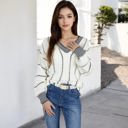 Beige Large Long Sleeve Waffle Knit Striped Sweater with Off-Shoulder Detail