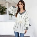 Beige Large Long Sleeve Waffle Knit Striped Sweater with Off-Shoulder Detail