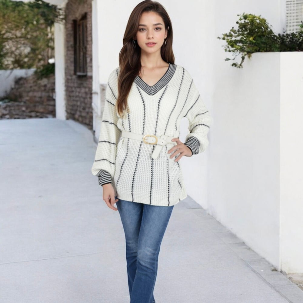 Long Sleeve Waffle Knit Striped Sweater with Off-Shoulder Detail