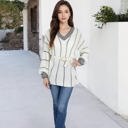 Beige Large Long Sleeve Waffle Knit Striped Sweater with Off-Shoulder Detail