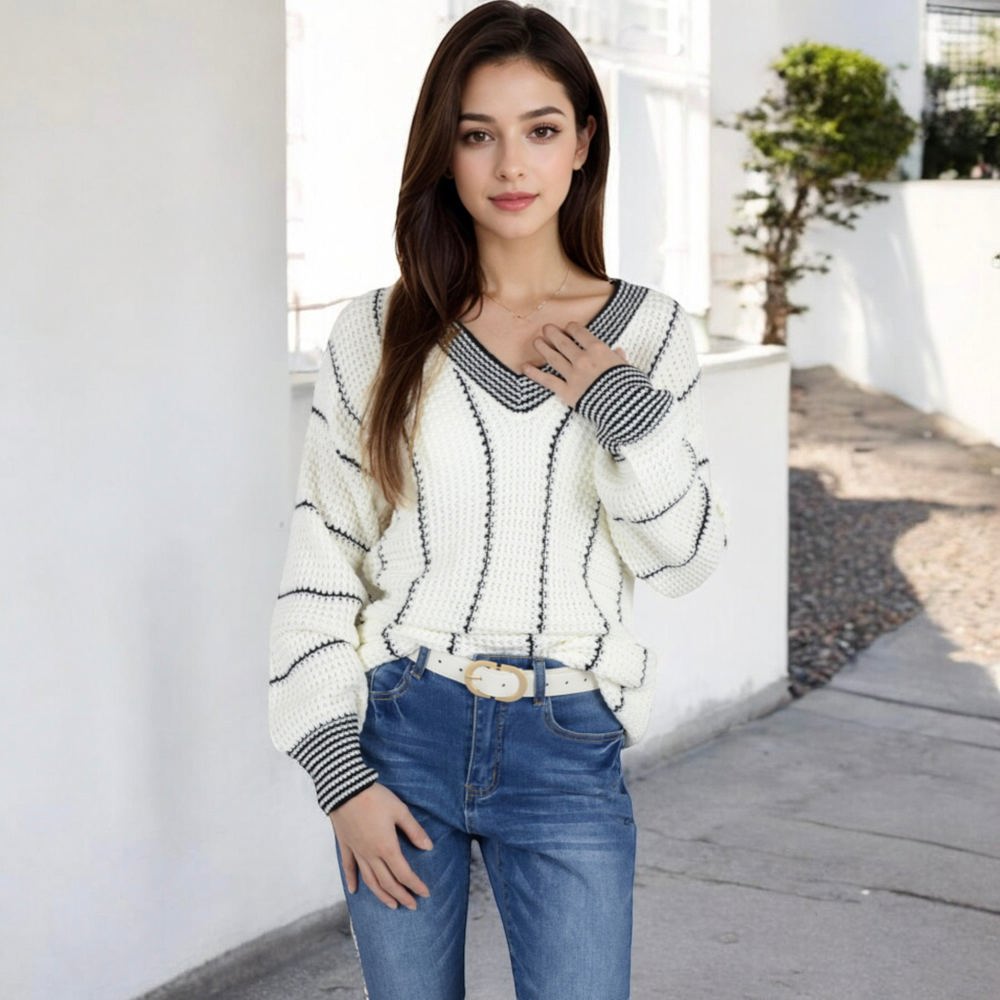 Long Sleeve Waffle Knit Striped Sweater with Off-Shoulder Detail