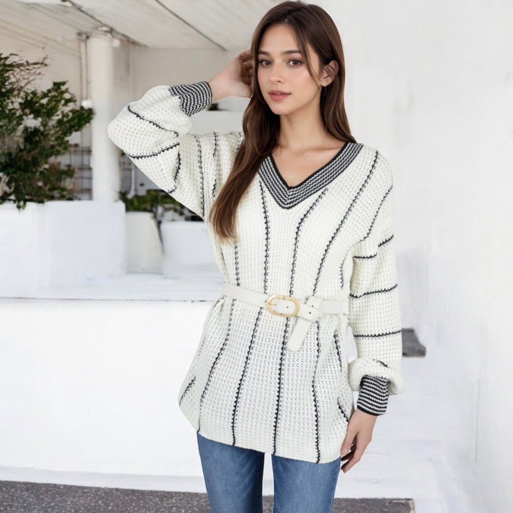 Long Sleeve Waffle Knit Striped Sweater with Off-Shoulder Detail