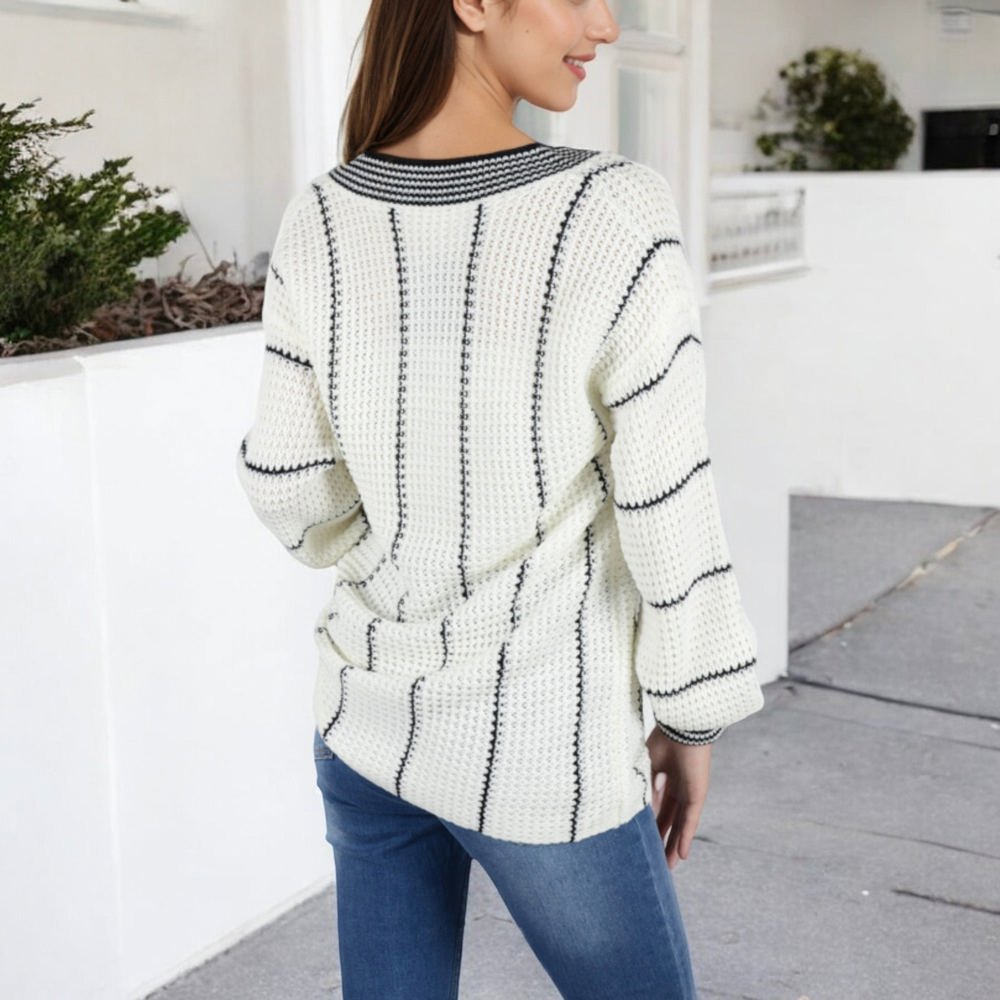 Long Sleeve Waffle Knit Striped Sweater with Off-Shoulder Detail