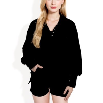 Long Sleeve Pullover Hoodie with Button Neck and Raw Hem Detail