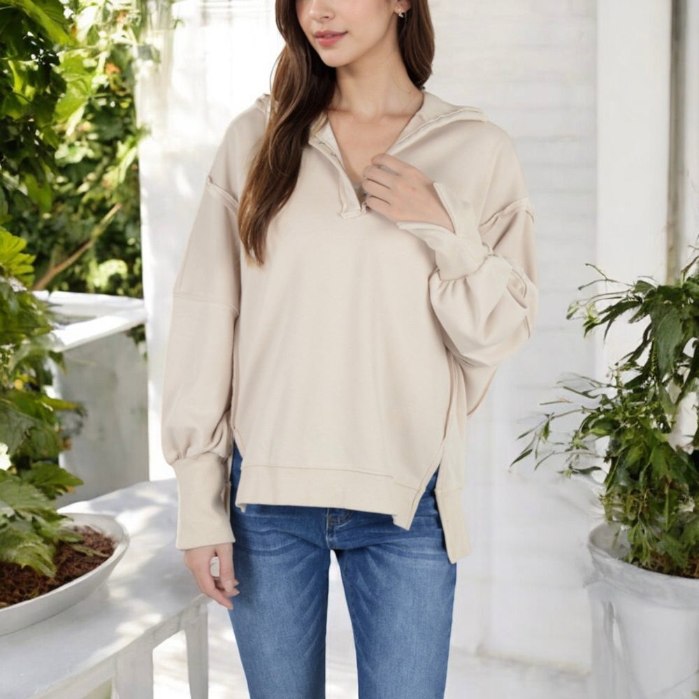 Long Sleeve Pullover Hoodie with Button Neck and Raw Hem Detail