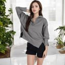 Black Small Long Sleeve Pullover Hoodie with Button Neck and Raw Hem Detail