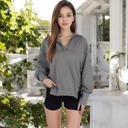 Black Small Long Sleeve Pullover Hoodie with Button Neck and Raw Hem Detail