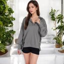 Black Small Long Sleeve Pullover Hoodie with Button Neck and Raw Hem Detail