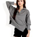 Gray Large Long Sleeve Pullover Hoodie with Button Neck and Raw Hem Detail